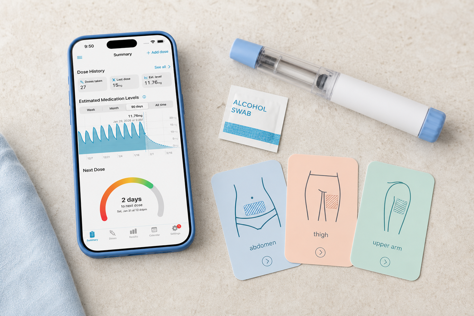 Shotsy app on a phone beside an injection site rotation diagram, GLP‑1 pen, and alcohol swab