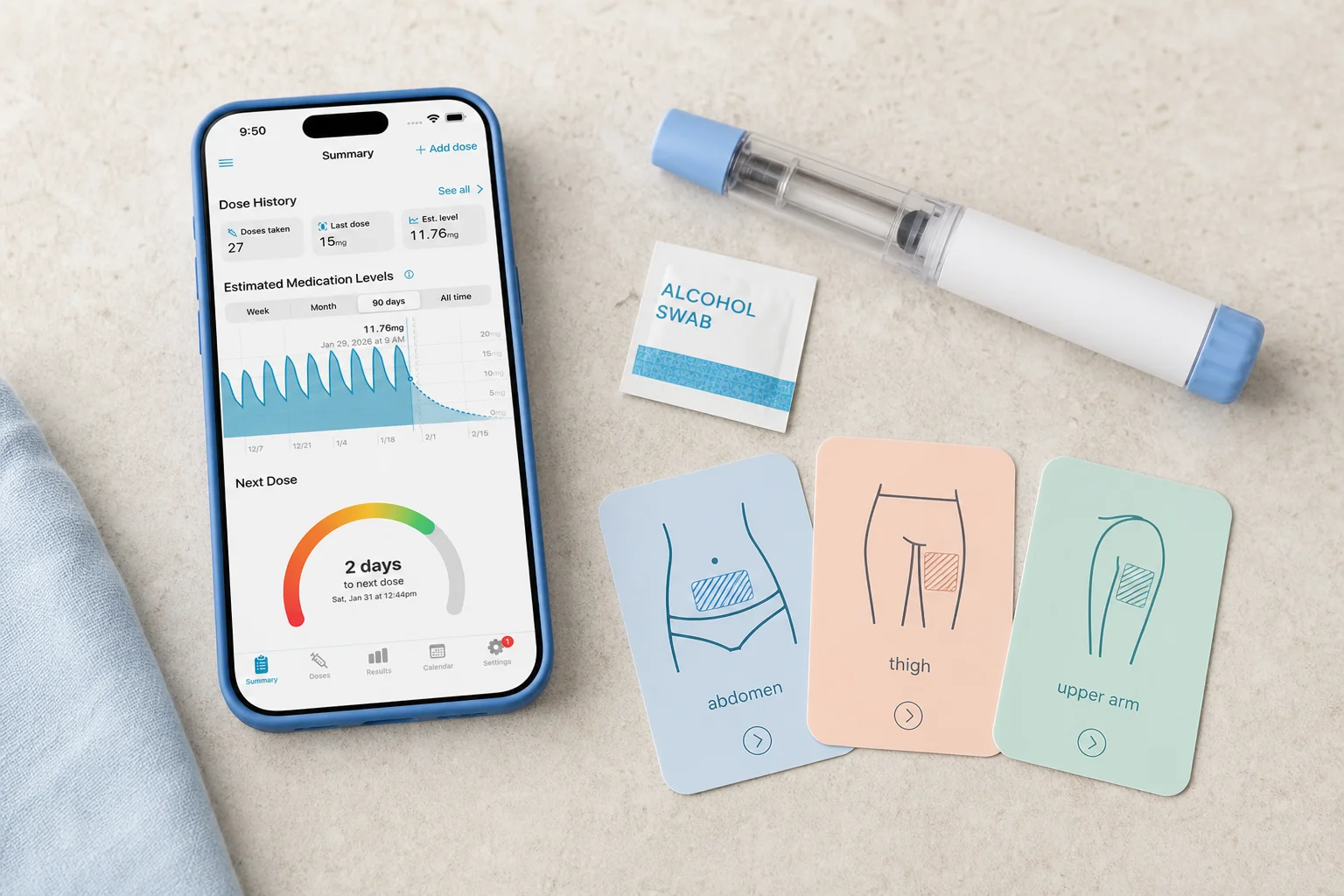 Shotsy app on a phone beside an injection site rotation diagram, GLP‑1 pen, and alcohol swab