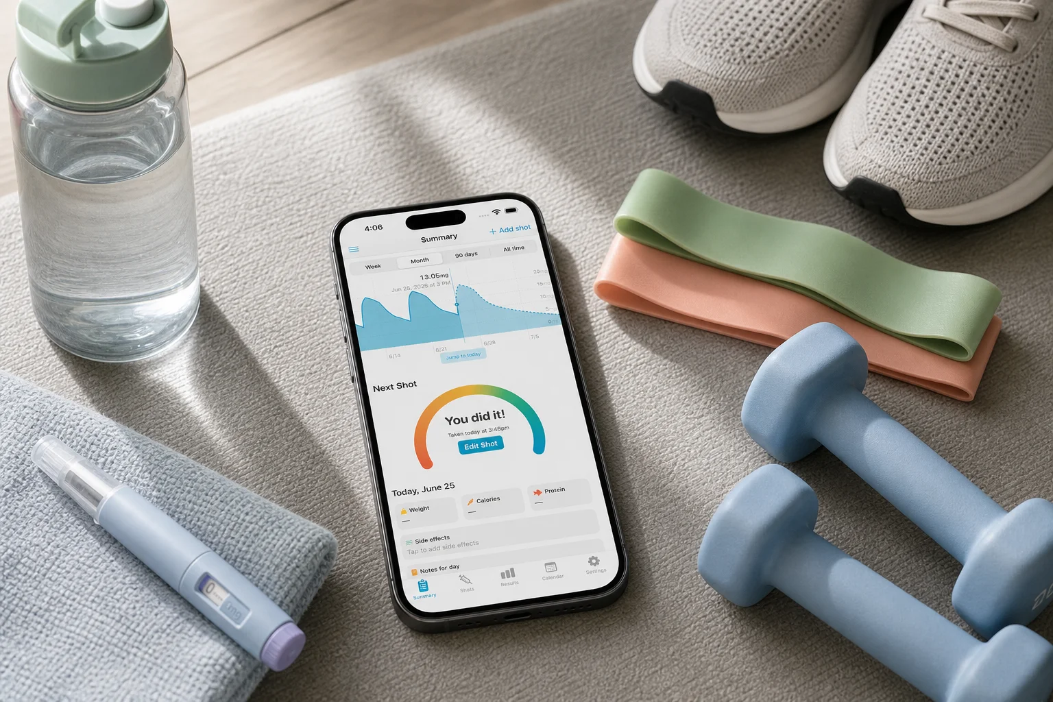 Shotsy app on a phone beside walking shoes, resistance bands, dumbbells, water, and a GLP-1 injection pen