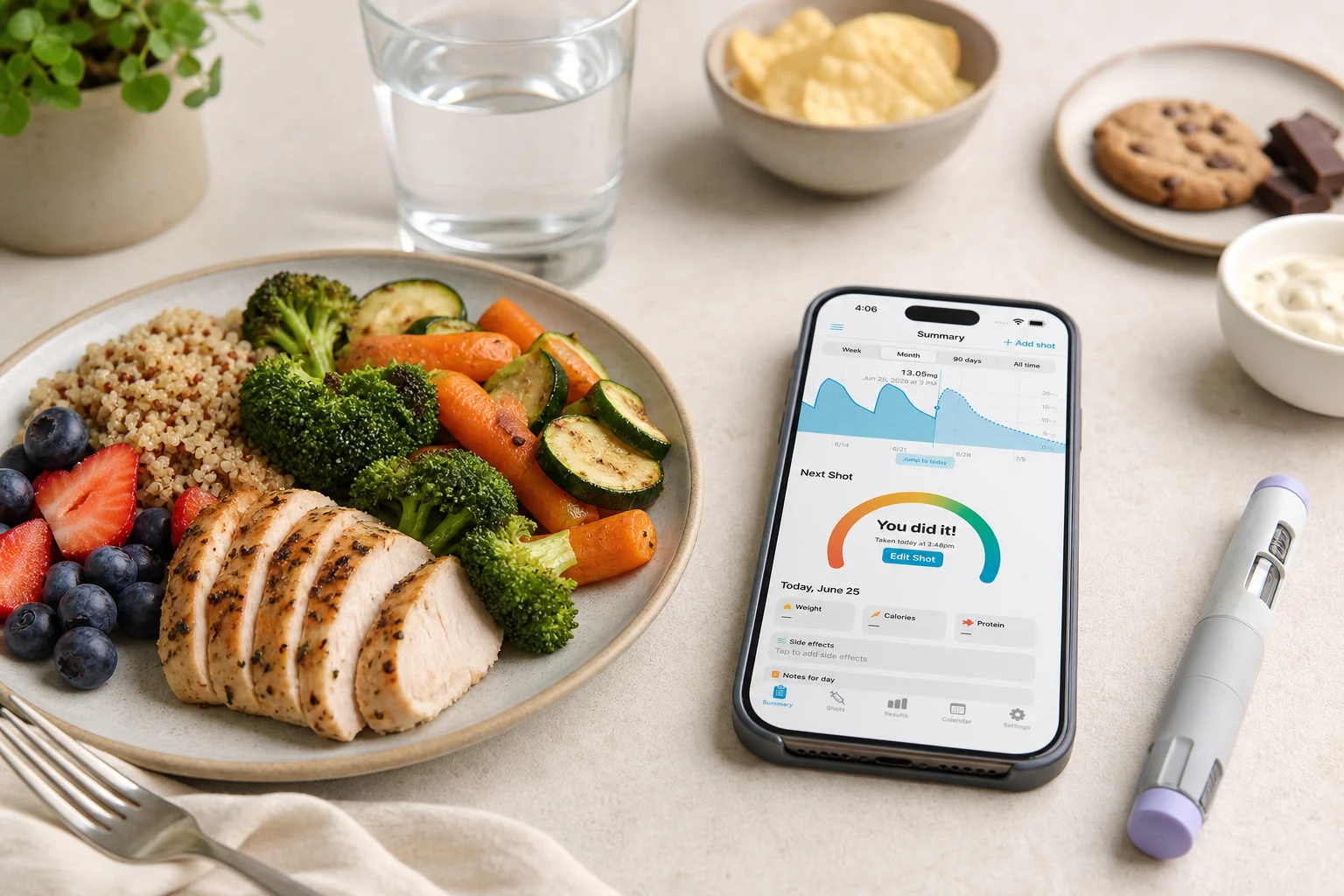 Shotsy app on a phone beside balanced GLP-1-friendly foods, water, and a GLP-1 injection pen