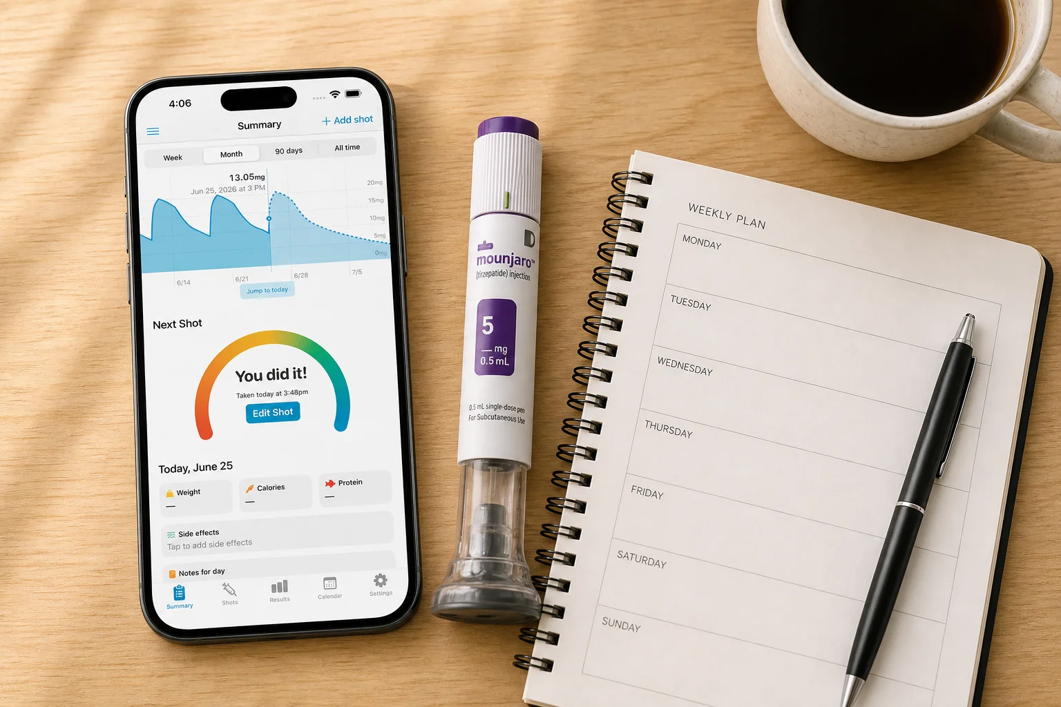 Shotsy app on a phone beside a GLP-1 injection pen, small alarm clock, weekly planner, and cup of tea on a warm wood surface