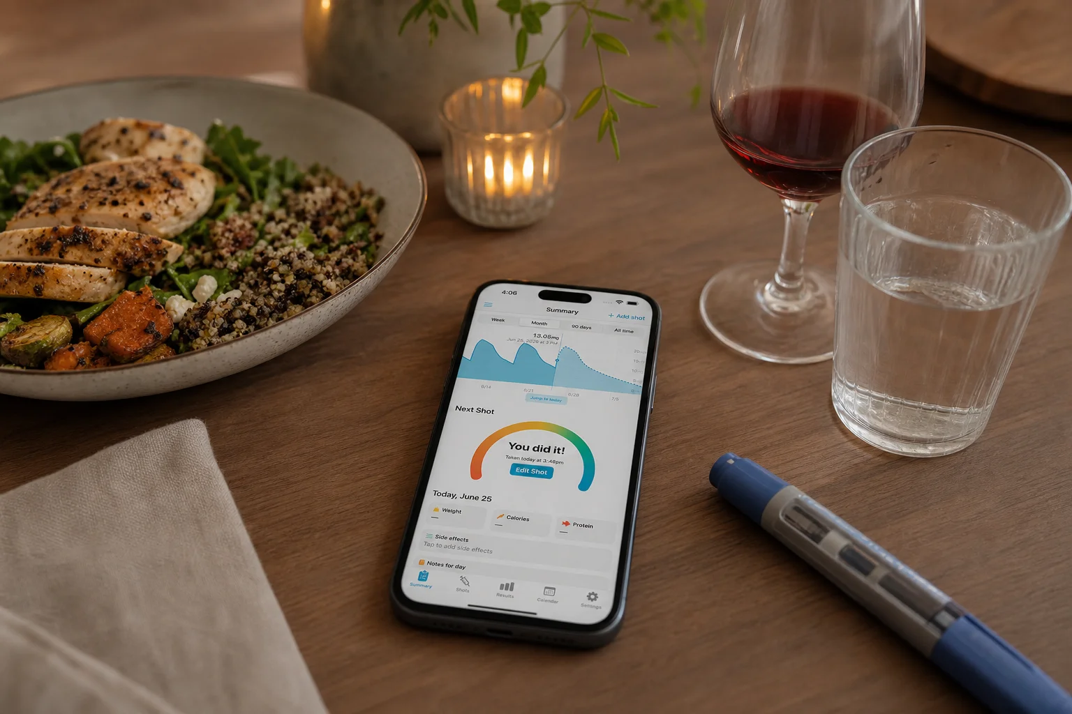 Shotsy app on a phone beside a light meal, water, wine, and a GLP-1 injection pen
