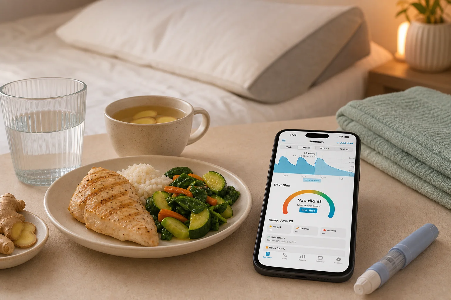 Shotsy app on a phone beside a small meal, ginger tea, water, and a GLP-1 injection pen