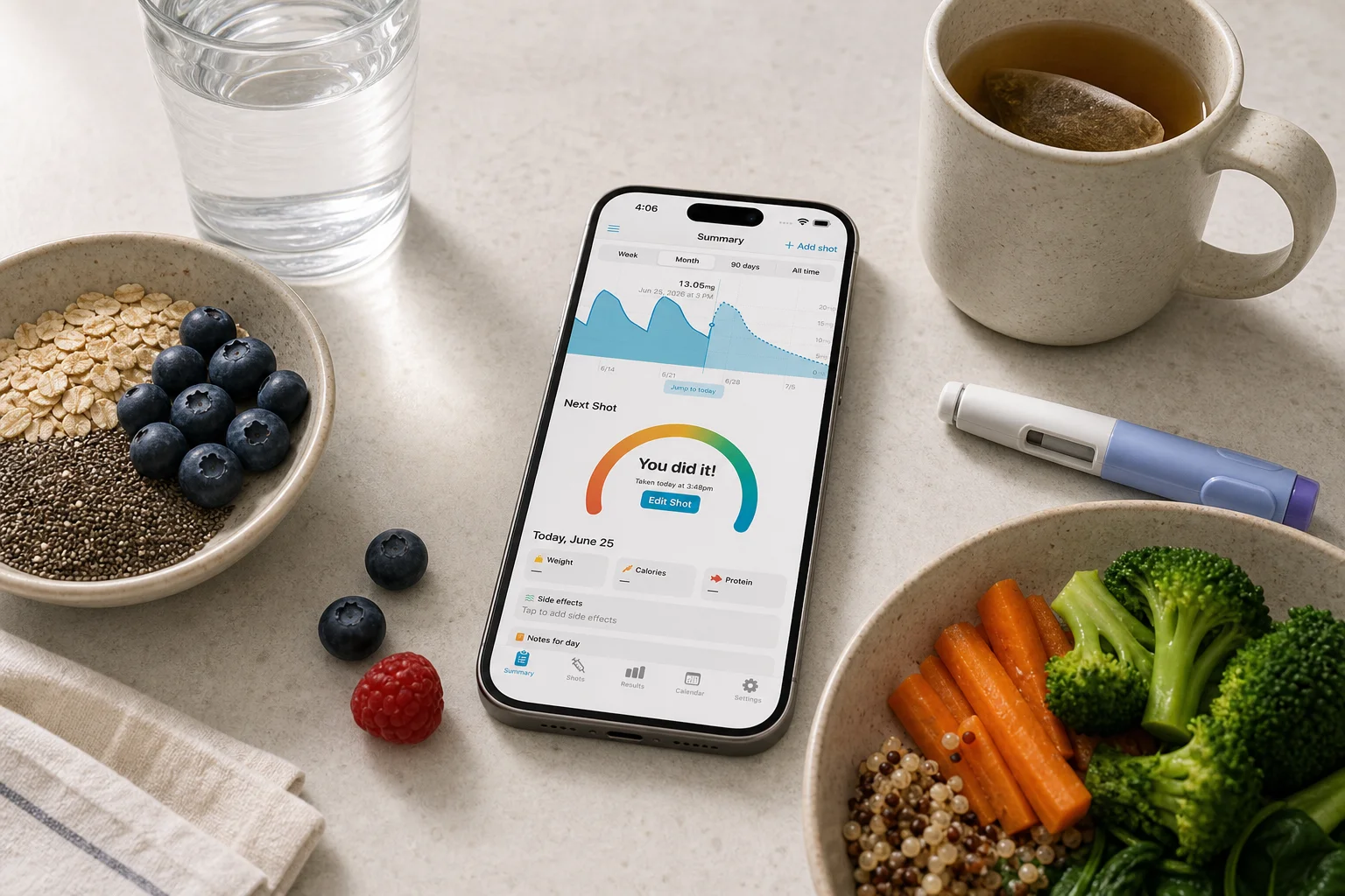 Shotsy app on a phone beside fiber-rich foods, tea, water, and a GLP-1 injection pen