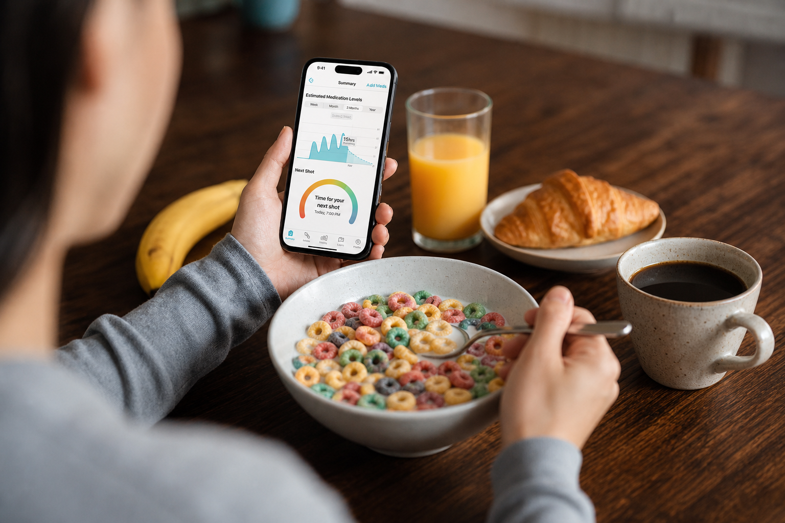 Person holding a phone while eating a bowl of colorful cereal at a breakfast table with orange juice, a croissant, banana, and coffee