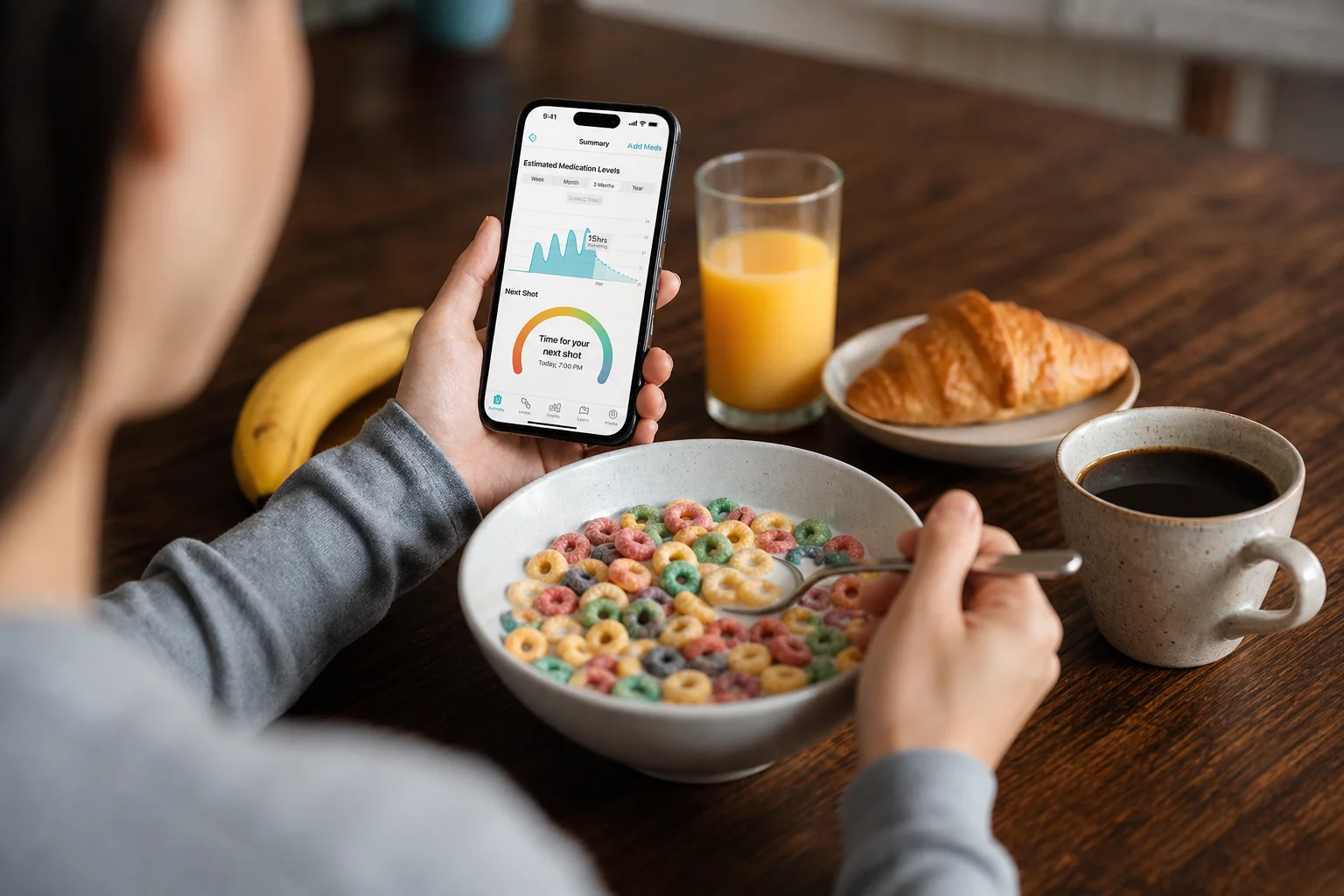 Person holding a phone while eating a bowl of colorful cereal at a breakfast table with orange juice, a croissant, banana, and coffee