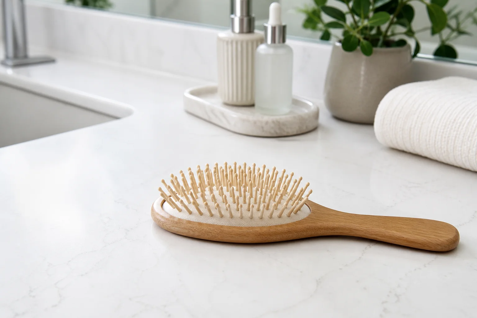 Clean unused hairbrush on a neat bathroom countertop