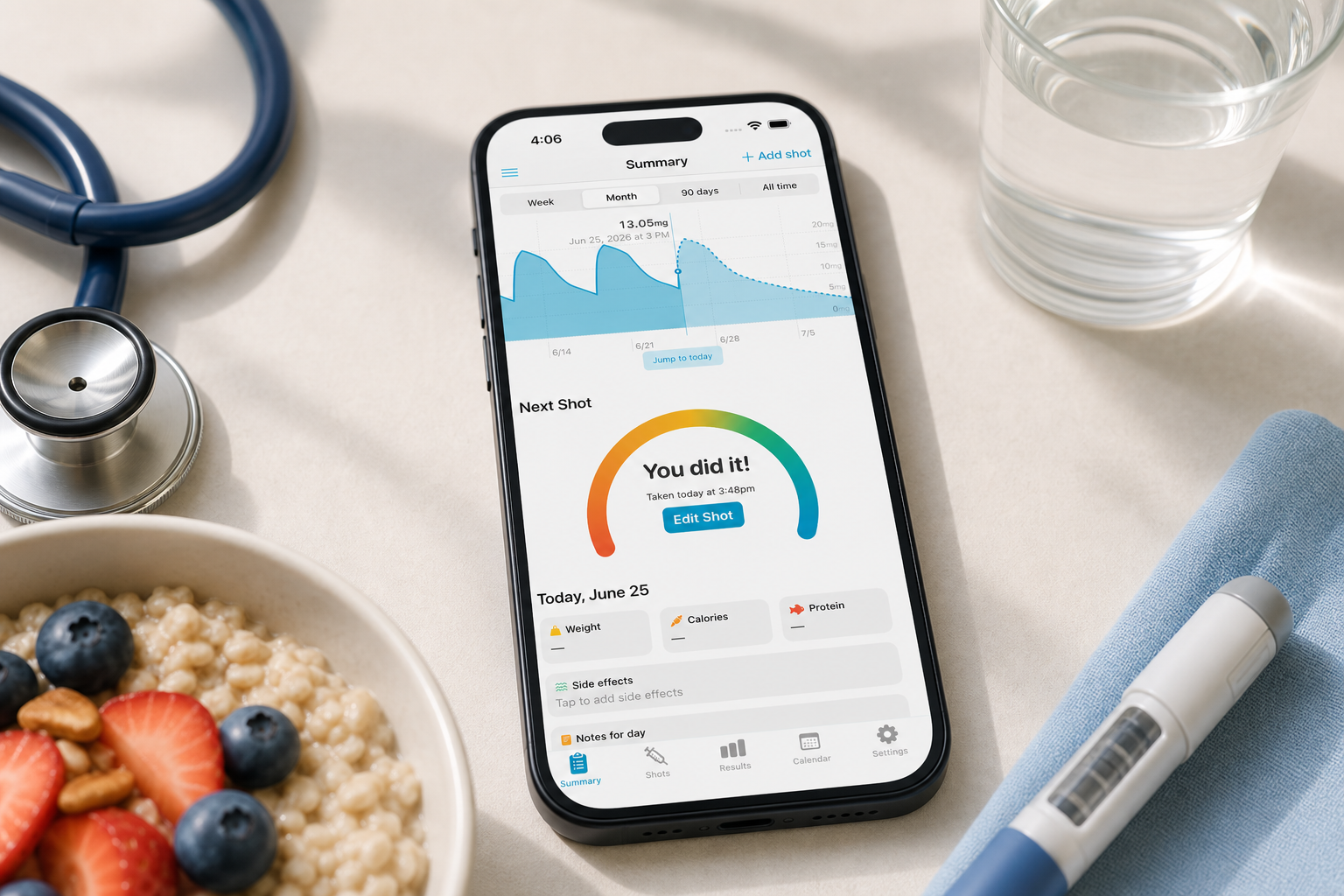 Shotsy app on a phone beside a stethoscope, heart-healthy breakfast, water, and a GLP-1 injection pen