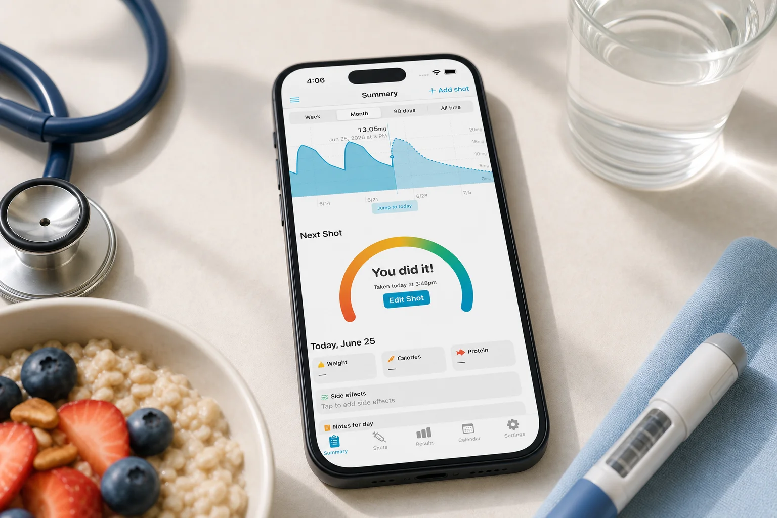 Shotsy app on a phone beside a stethoscope, heart-healthy breakfast, water, and a GLP-1 injection pen