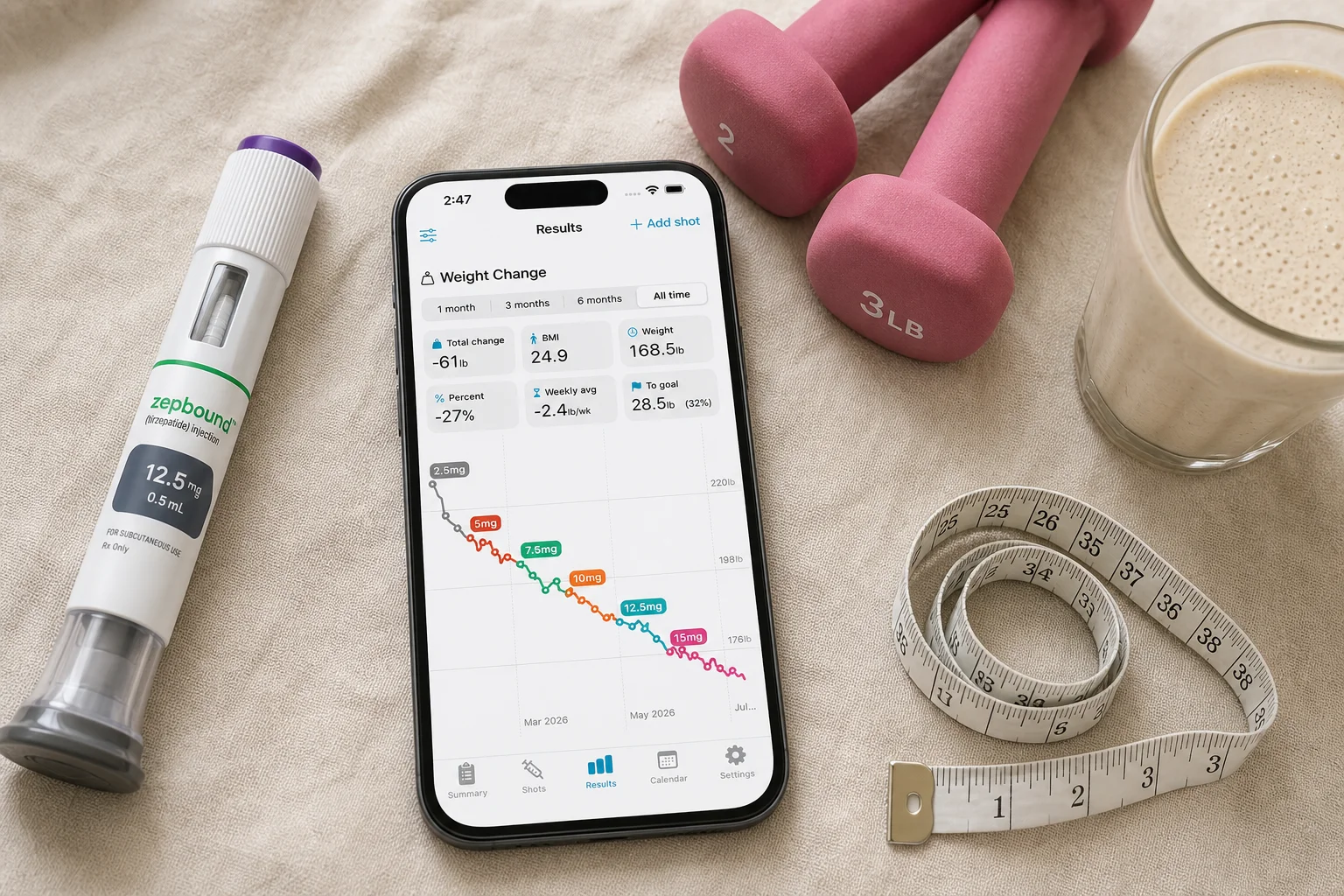 Shotsy app on a phone beside a GLP-1 injection pen, small dumbbells, protein shake, and tape measure on a light linen surface
