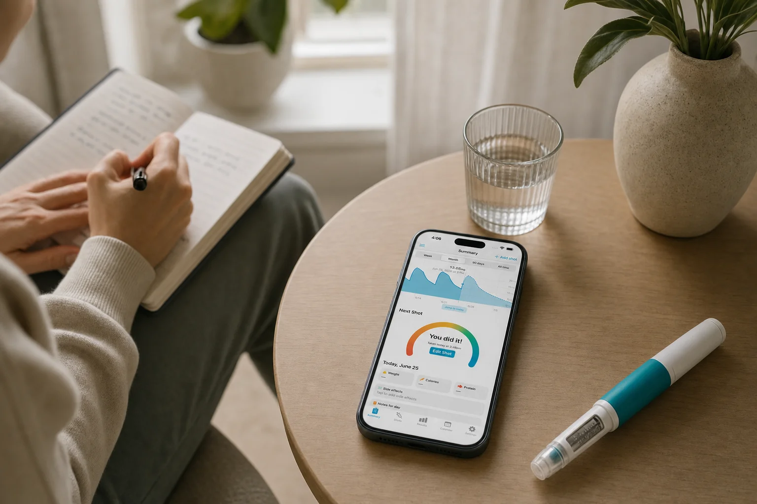 Person journaling mood notes beside a phone and GLP-1 injection pen in a calm wellness setting
