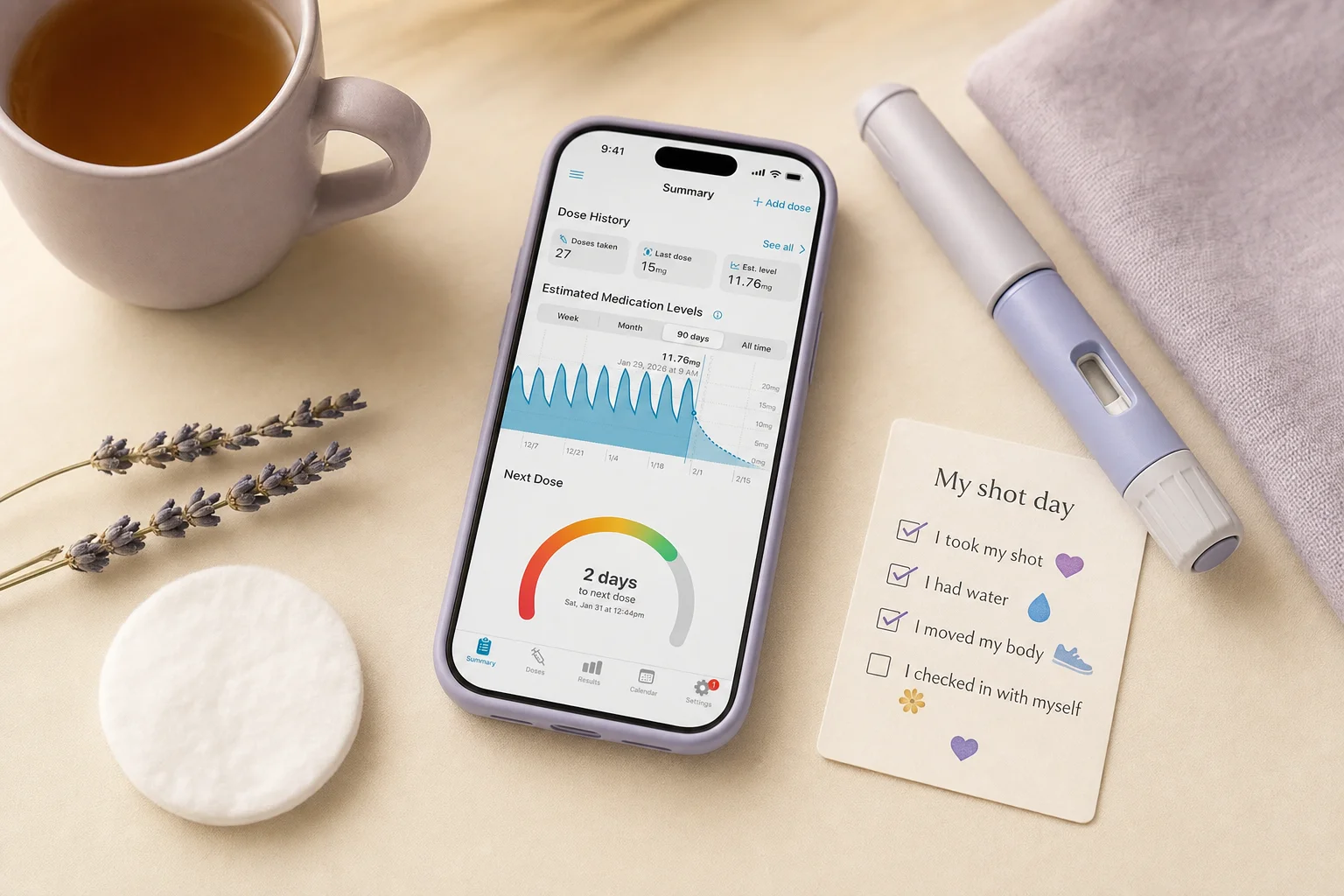 Calm tabletop scene with Shotsy app, GLP‑1 injection pen, tea, cotton pad, and a simple shot-day checklist