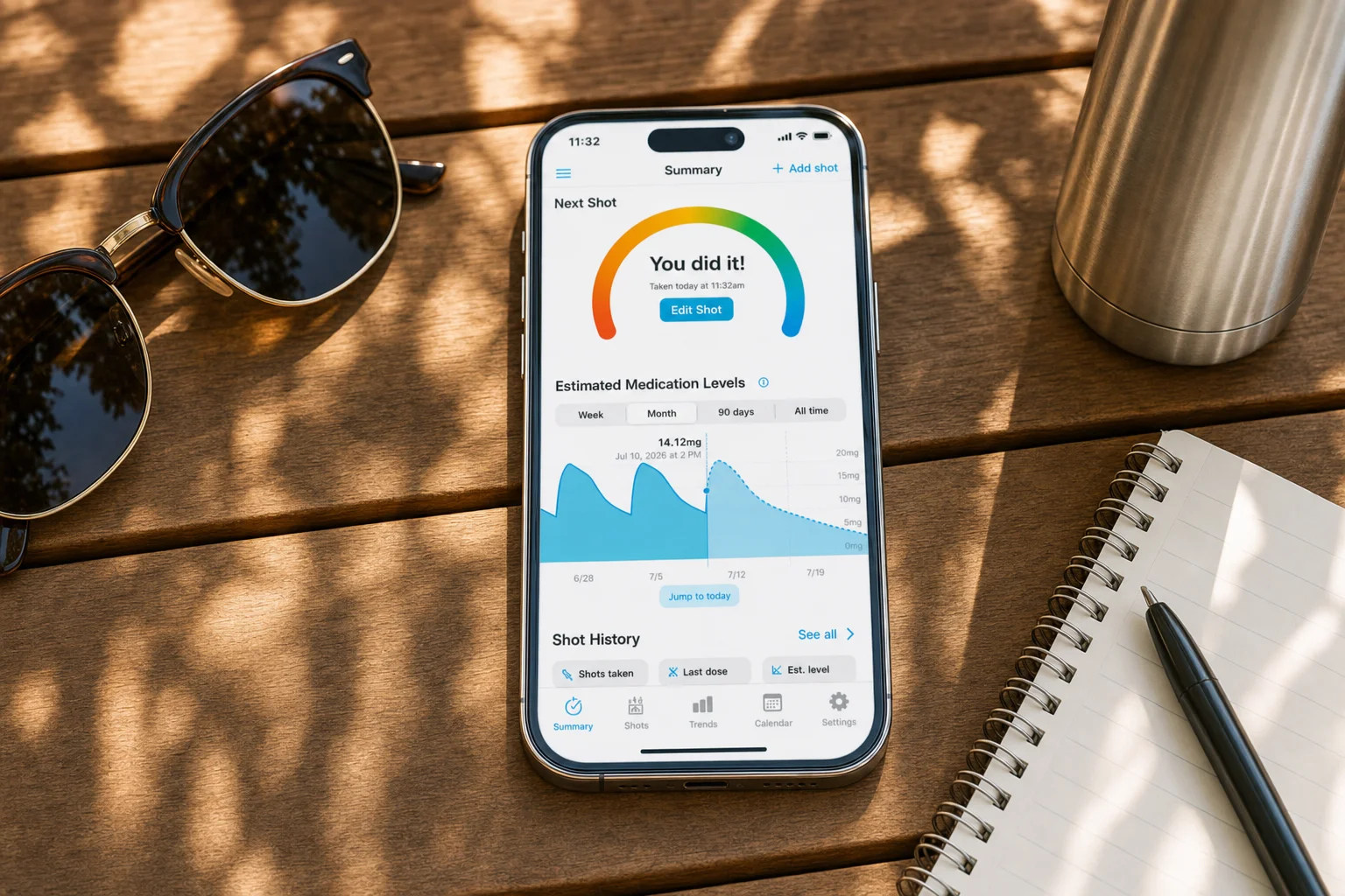 Shotsy app on a phone beside a protein shake, tape measure, goal card, calendar, and GLP‑1 injection pen