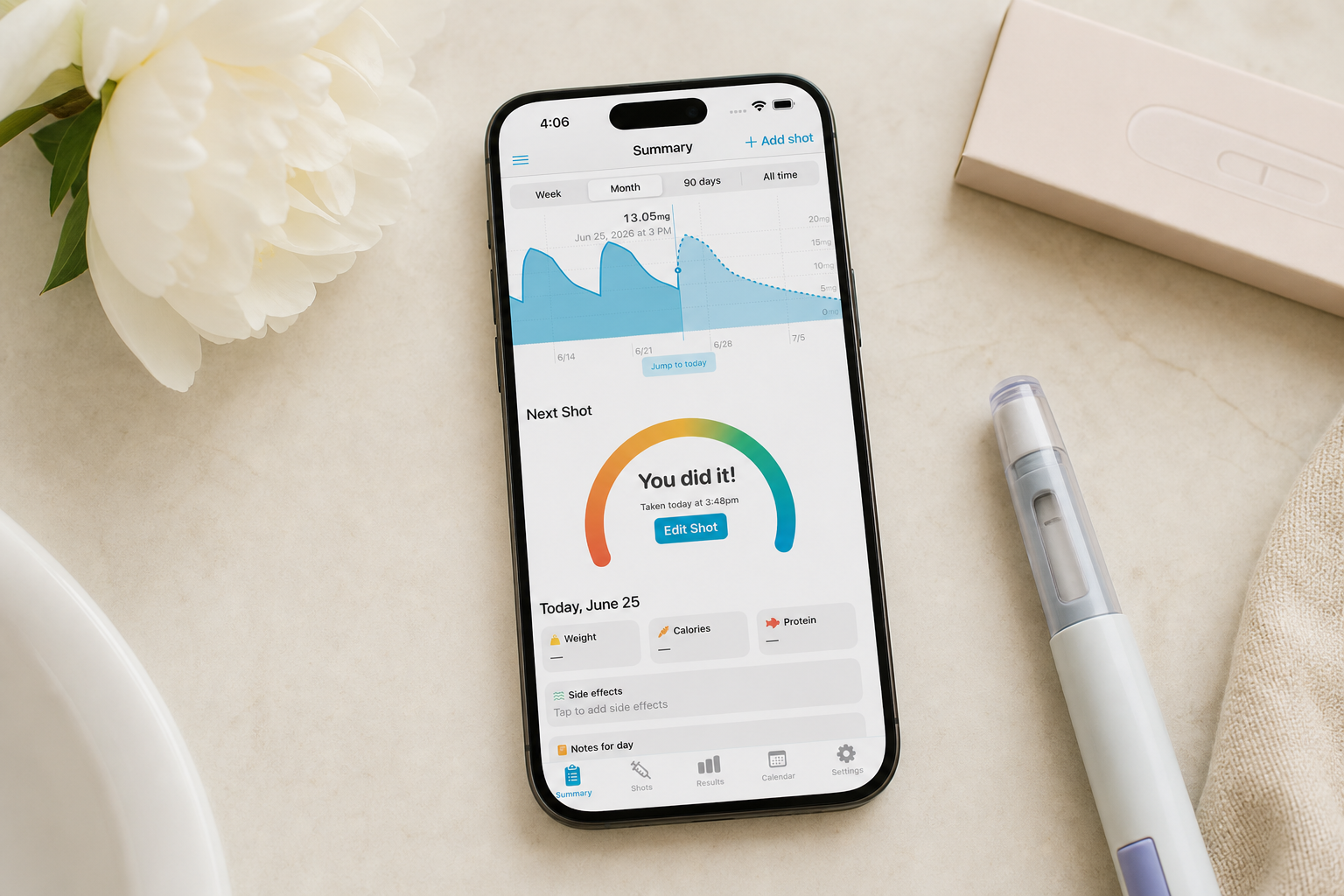 Shotsy app on a phone beside a flower, pregnancy test box, and GLP-1 injection pen