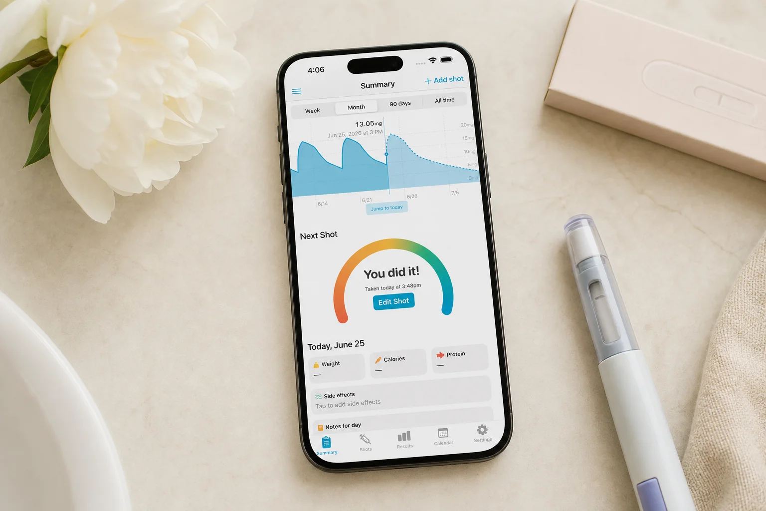Shotsy app on a phone beside a flower, pregnancy test box, and GLP-1 injection pen