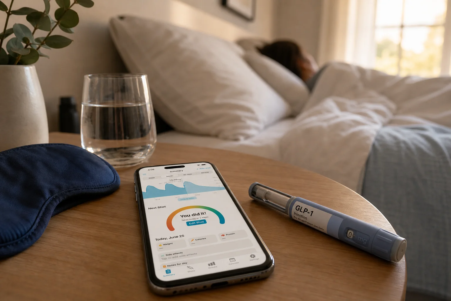 Bedside sleep tracking scene with sleep mask, water glass, phone, and GLP-1 injection pen