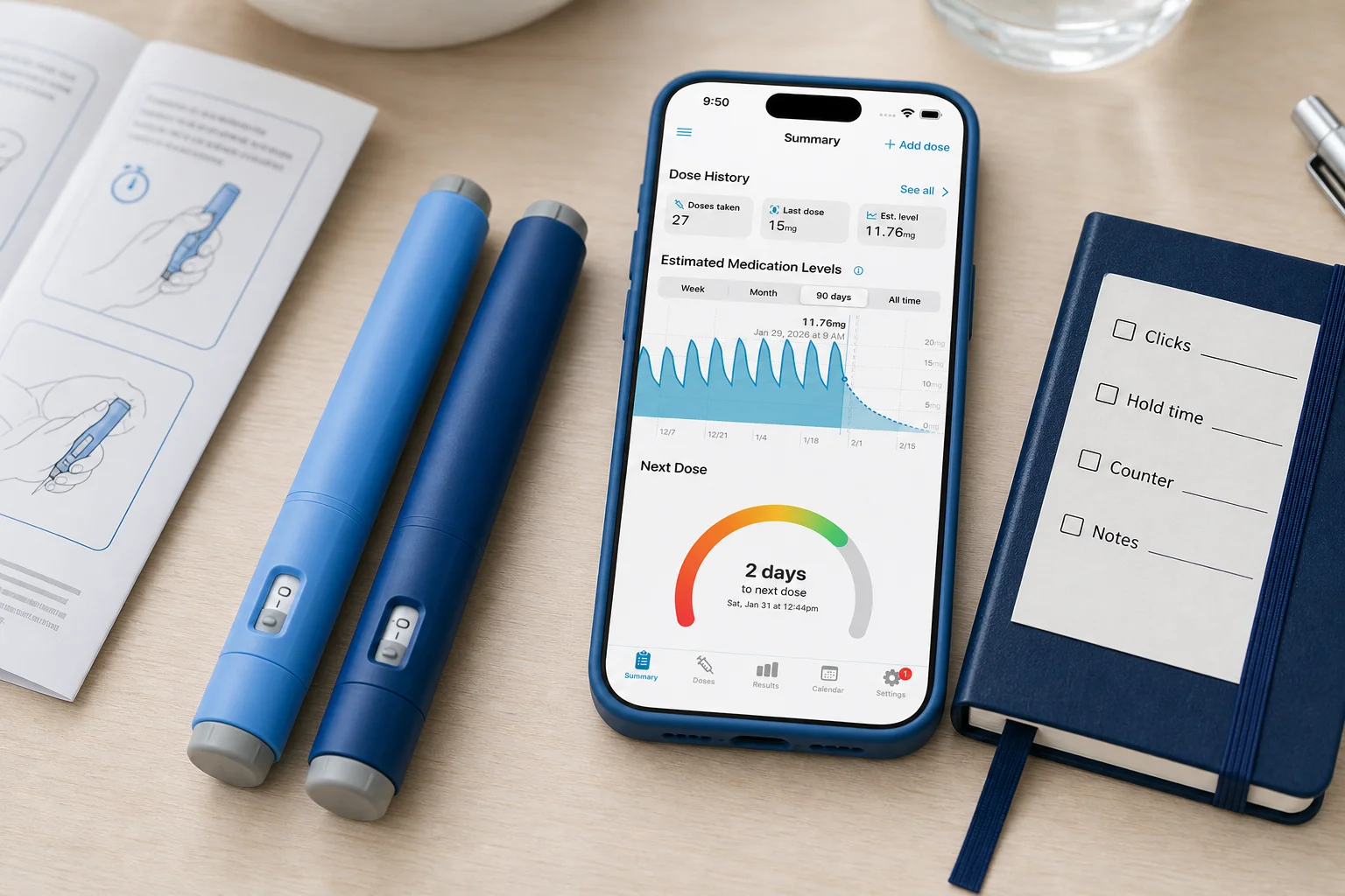 Shotsy app on a phone beside GLP‑1 injection pens, a device instruction sheet, and a notebook