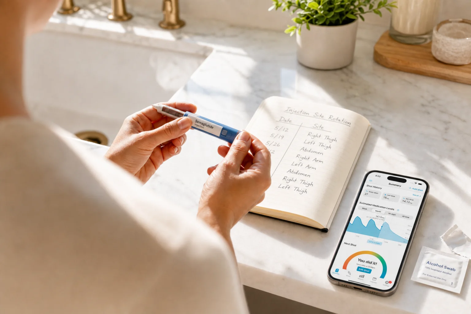 Person holding a GLP‑1 injection pen at a sunny bathroom counter beside a notebook with an injection site rotation log, a phone showing the Shotsy estimated medication levels chart, and an alcohol swab