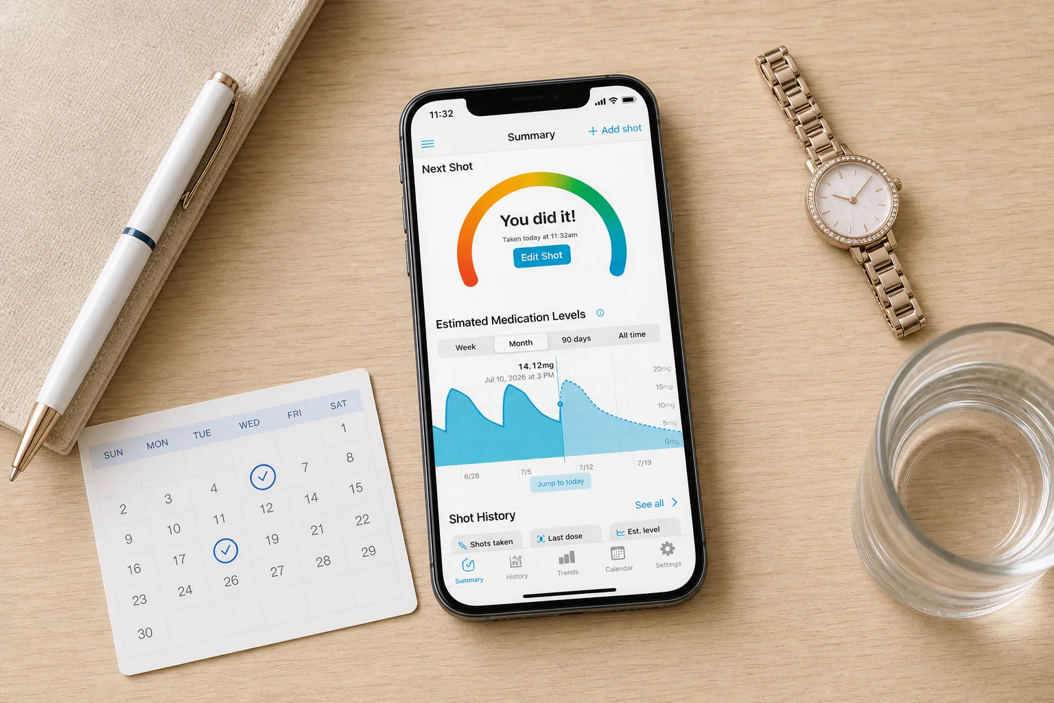 Shotsy app on a phone beside a calendar, clock, water glass, and GLP‑1 injection pen