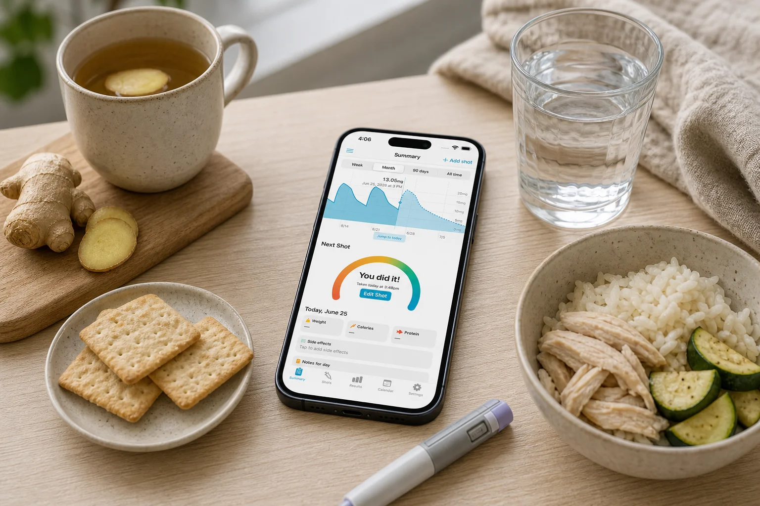 Shotsy app on a phone beside ginger tea, crackers, water, a bland meal, and a GLP-1 injection pen
