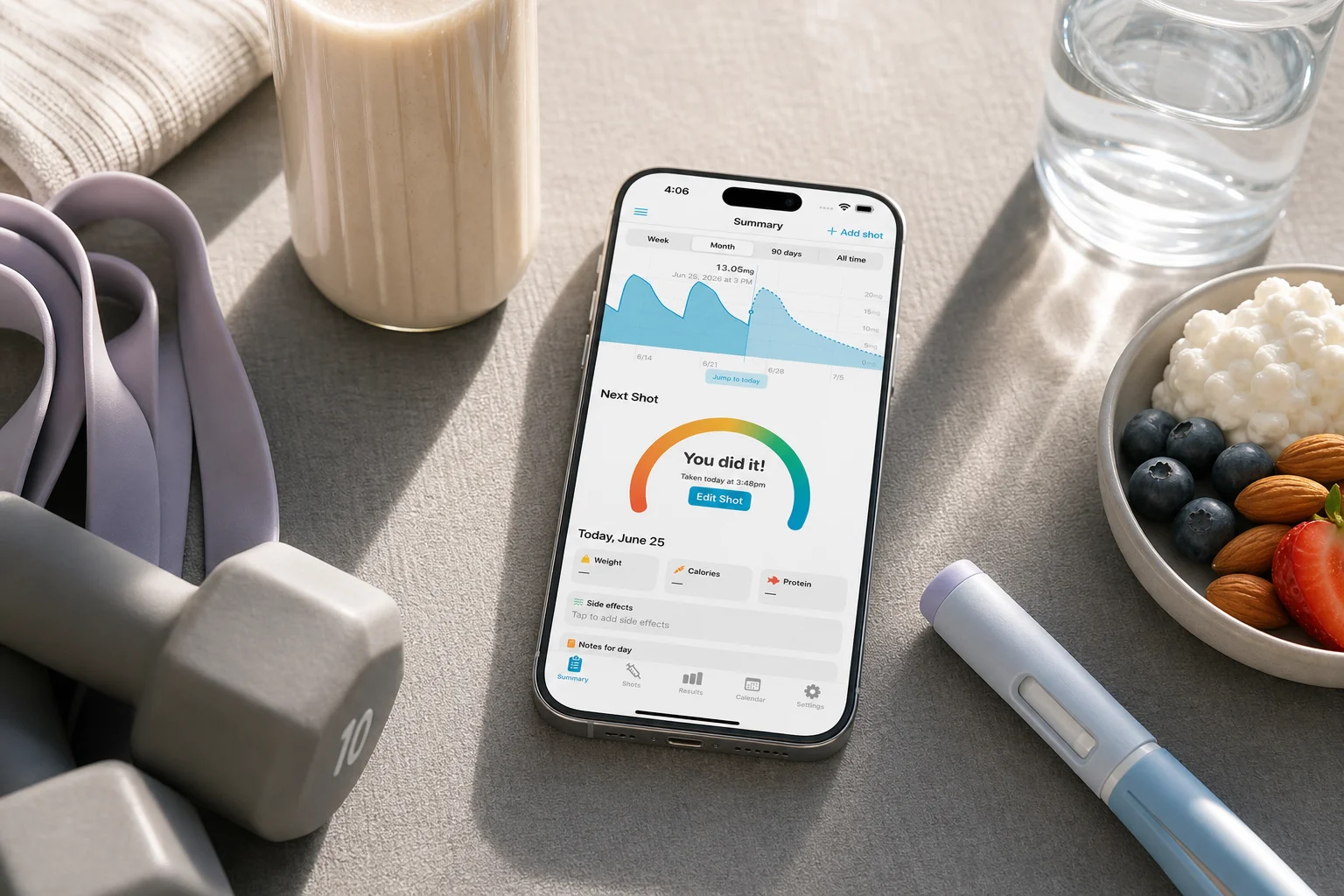 Shotsy app on a phone beside resistance bands, protein, water, and a GLP-1 injection pen