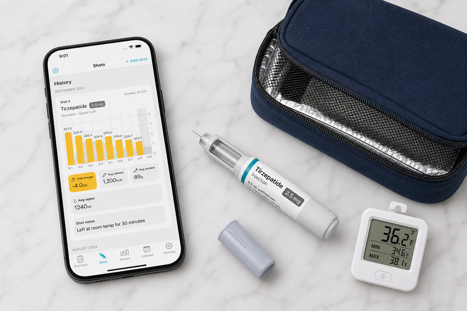 Shotsy app on a phone beside a GLP-1 injection pen, insulated medication pouch, and refrigerator thermometer on a white marble surface