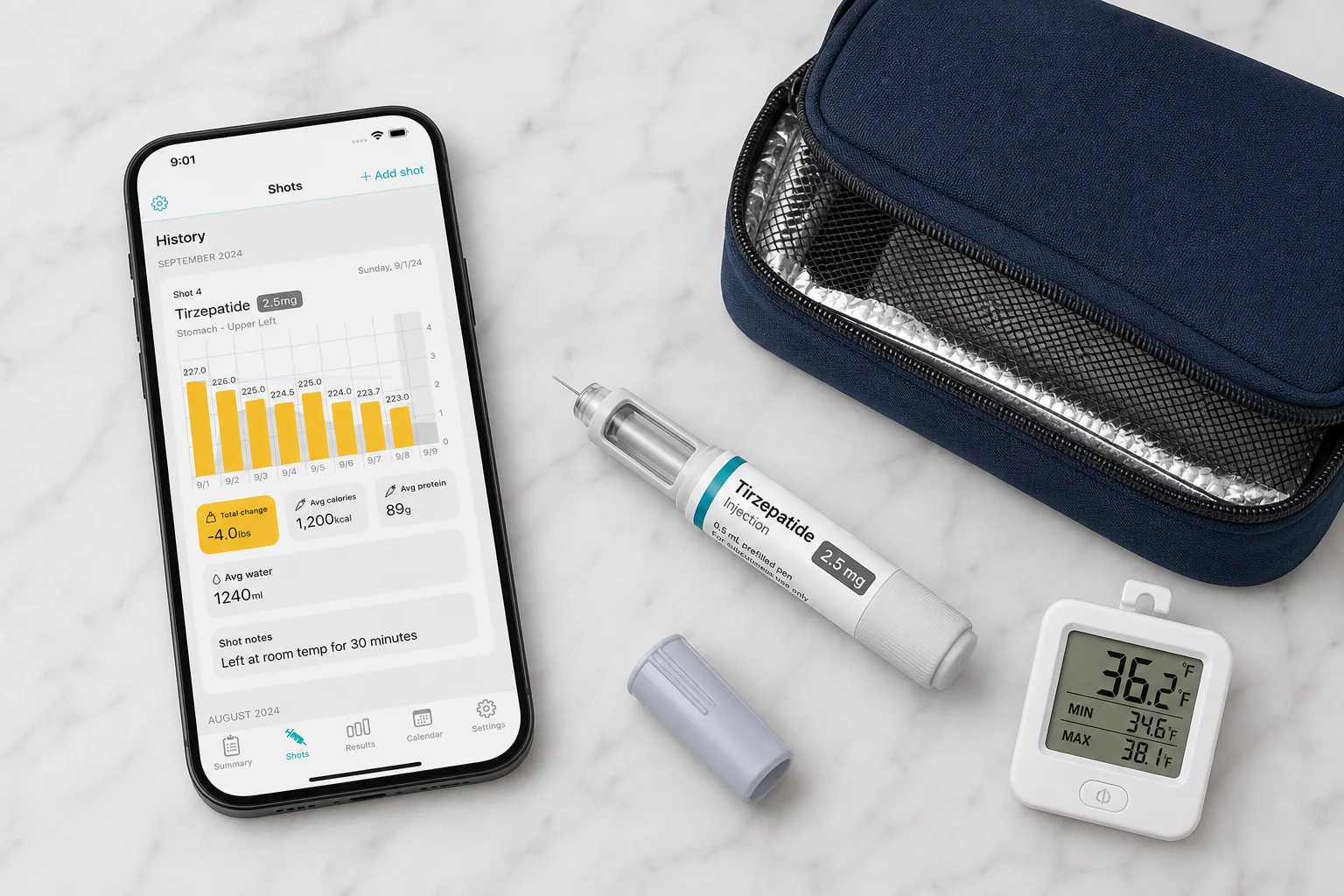 Shotsy app on a phone beside a GLP-1 injection pen, insulated medication pouch, and refrigerator thermometer on a white marble surface