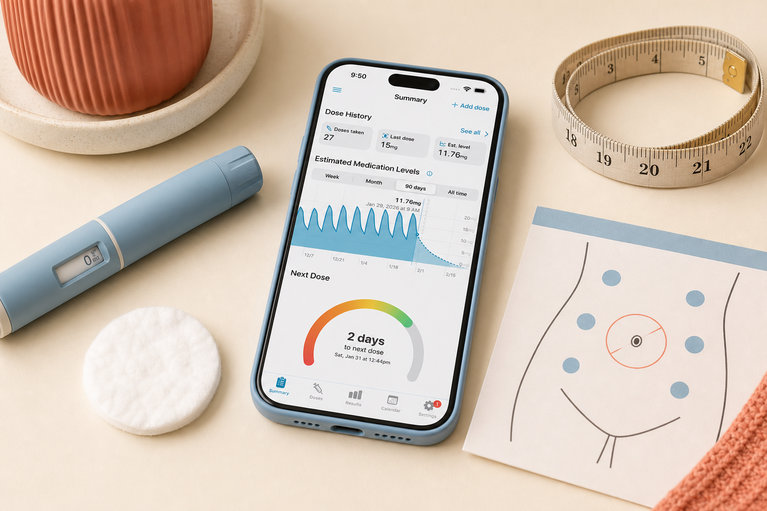 Clean tabletop with Shotsy app, GLP‑1 injection pen, and a simple abdomen injection site diagram