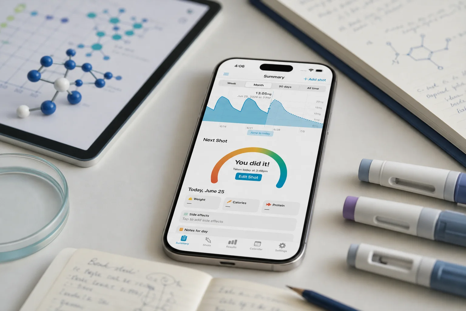 Shotsy app on a phone beside research notes, molecule diagrams, and GLP-1 injection pens