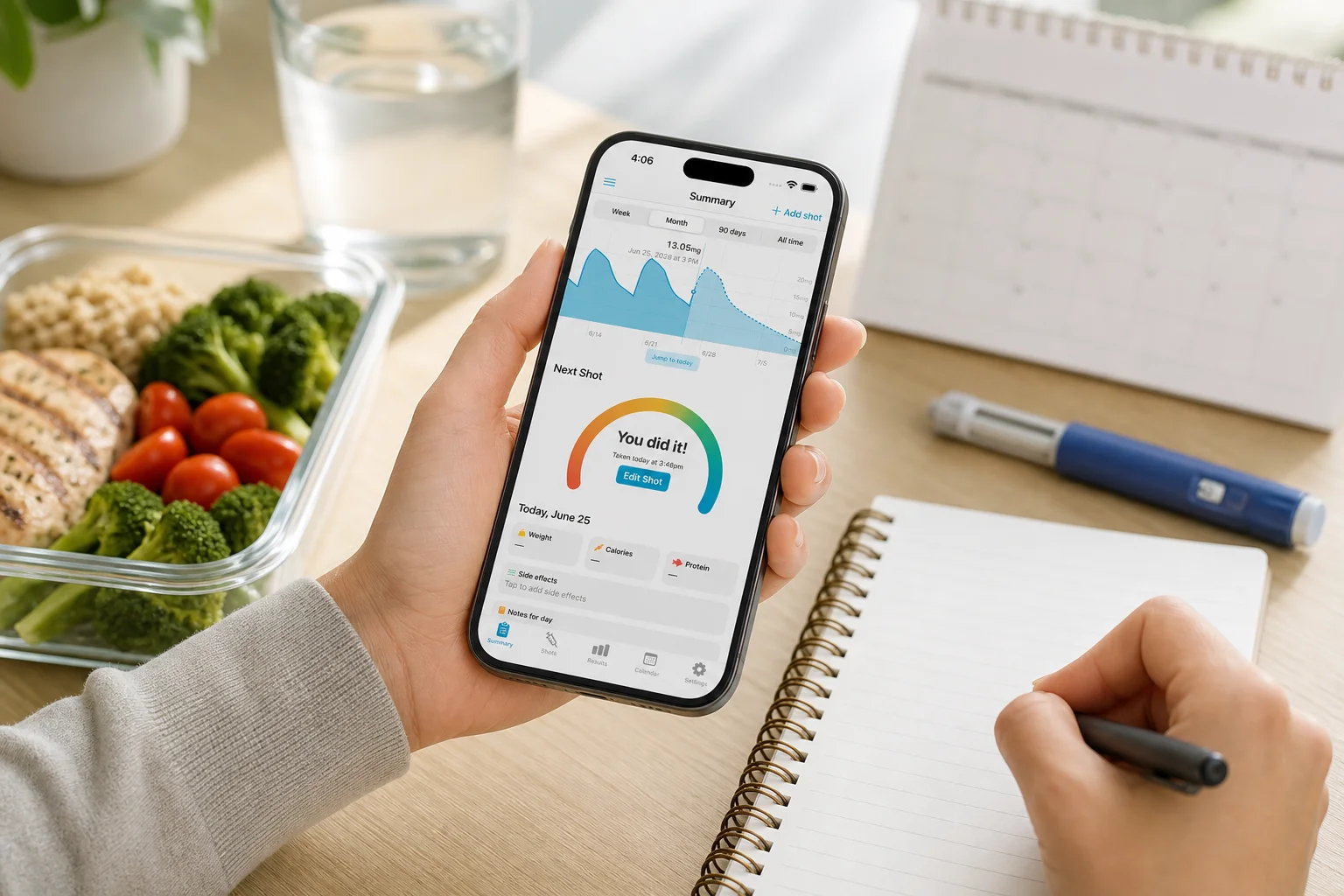 Person holding the Shotsy app beside a notebook, meal prep, calendar, and GLP-1 injection pen