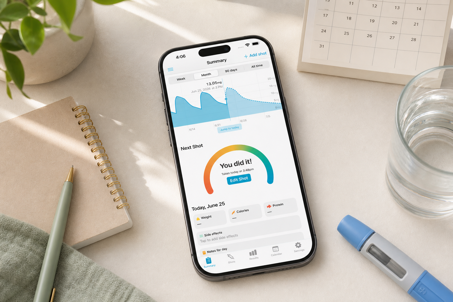 Shotsy app on a phone beside a calendar, journal, water, and GLP-1 injection pen