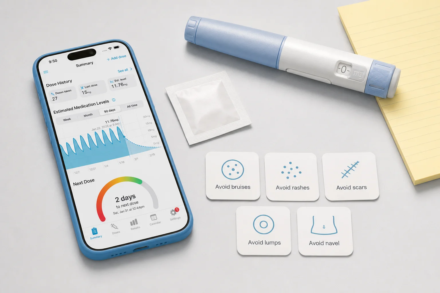Shotsy app on a phone beside a GLP‑1 injection pen and checklist of injection areas to avoid