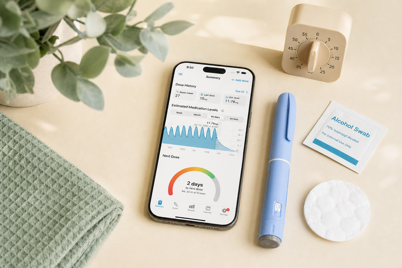 Shotsy app on a phone beside a GLP‑1 injection pen warming on a clean table with an alcohol swab and cotton pad