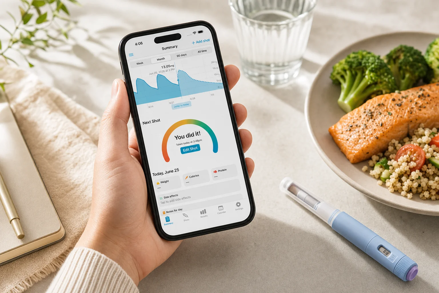 Person tracking appetite and nutrition on a phone beside a balanced meal and GLP-1 injection pen